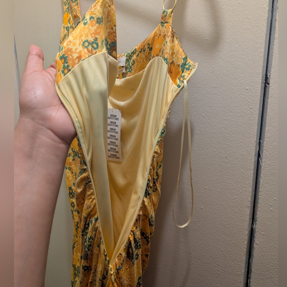 Urban Outfitters Claira Ruched Bodycon Square Neck Mini Dress Yellow & Orange- L - Picture 7 of 16